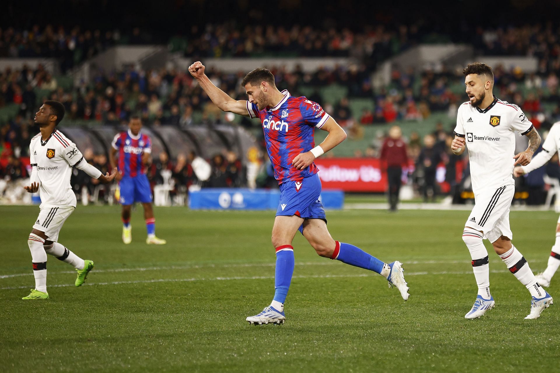 Joel Ward celebrates after scoring against Manchester United.